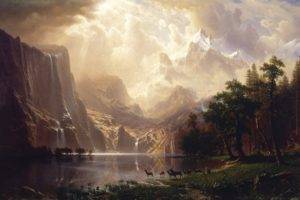 Albert Bierstadt, Painting, Landscape, Mountains, Clouds, Artwork, Among the Sierra Nevada Mountains