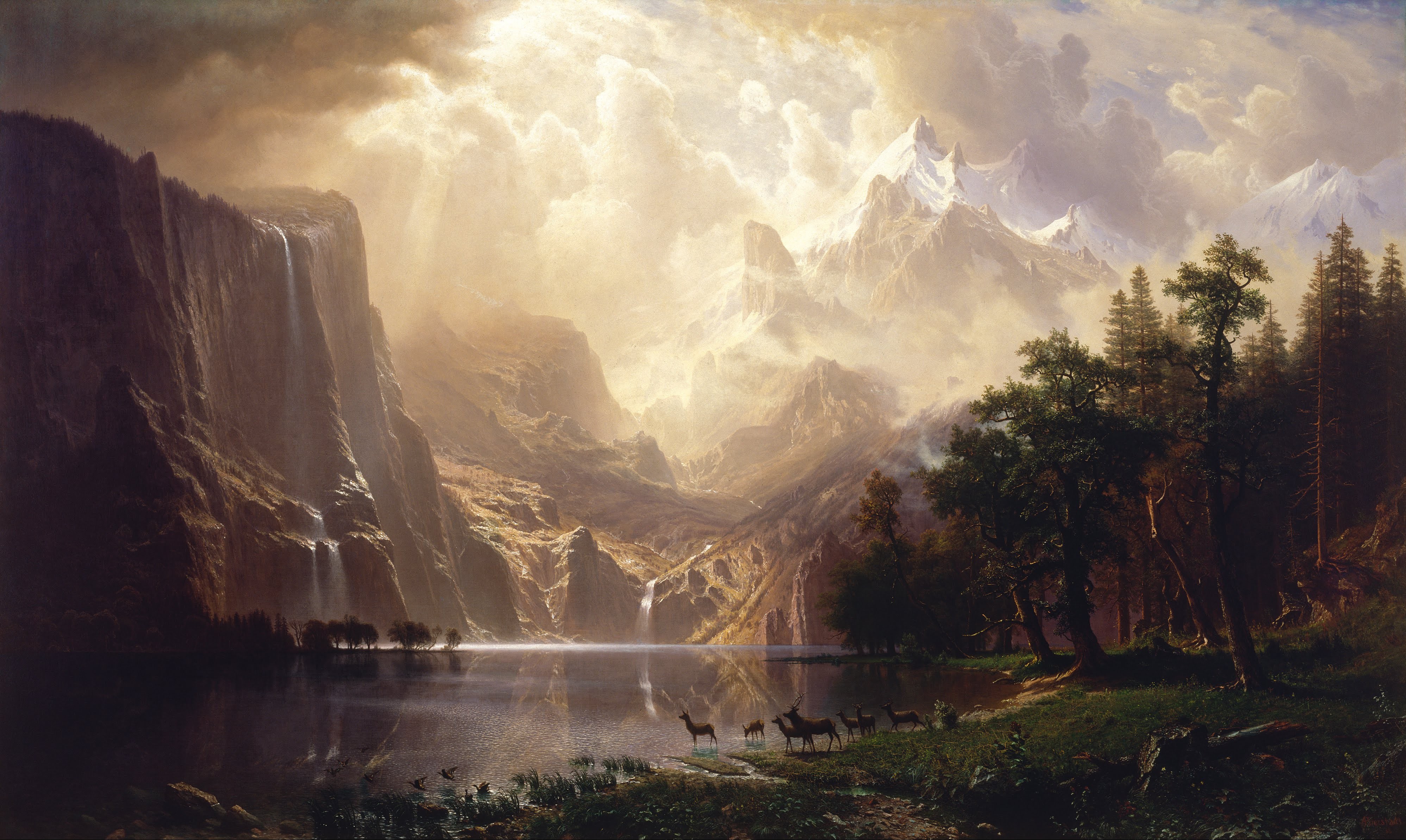 Albert Bierstadt, Painting, Landscape, Mountains, Clouds, Artwork, Among the Sierra Nevada Mountains Wallpaper