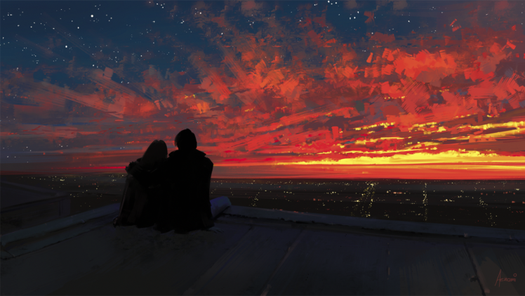 Sun, Sunset, Clouds, Digital art, Painting, Drawing, City, Landscape, Stars, Love HD Wallpaper Desktop Background