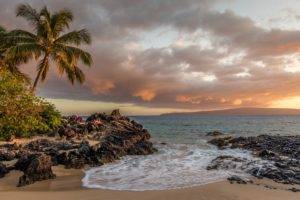 nature, Trees, Water, Palm trees, Clouds, Waves, Sea