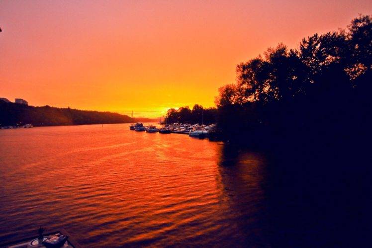 sunset, River, Boat, Sunlight, Landscape, Trees HD Wallpaper Desktop Background