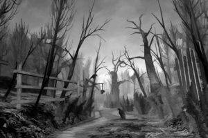 creepy, Monochrome, Digital art, Trees, Forest, Birds, Raven, Dirt road, Dark, Branch, Fence, Crow, Spooky