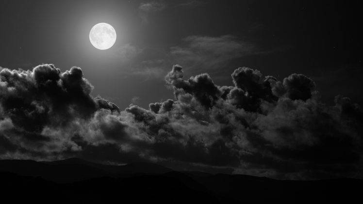 monochrome, Nature, Landscape, Clouds, Hills, Moon, Night, Silhouette, Moonlight HD Wallpaper Desktop Background