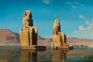 Ra, Abu Simbel, Egypt, Sculpture, Statue, Rock, Egyptian, Artwork, Gods, Ancient, Water, River, Nile, Hills, Clouds, Dune, Sand