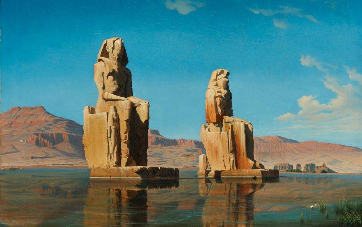 Ra, Abu Simbel, Egypt, Sculpture, Statue, Rock, Egyptian, Artwork, Gods, Ancient, Water, River, Nile, Hills, Clouds, Dune, Sand HD Wallpaper Desktop Background