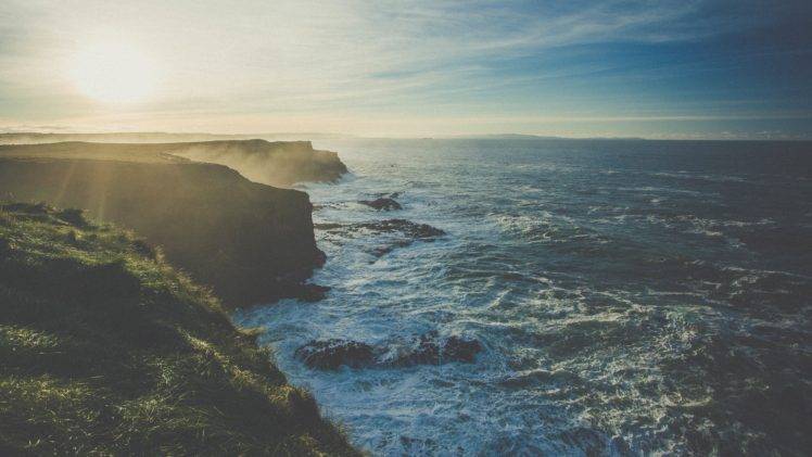 cliff, Sea, Coast, Sun, Waves, Sky, Horizon, Sunlight, DJs HD Wallpaper Desktop Background