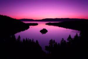 photography, Nature, Landscape, Lake, Hills, Mountains, Sky, Pink, Forest, Dark, Island, Spruce, Purple sky