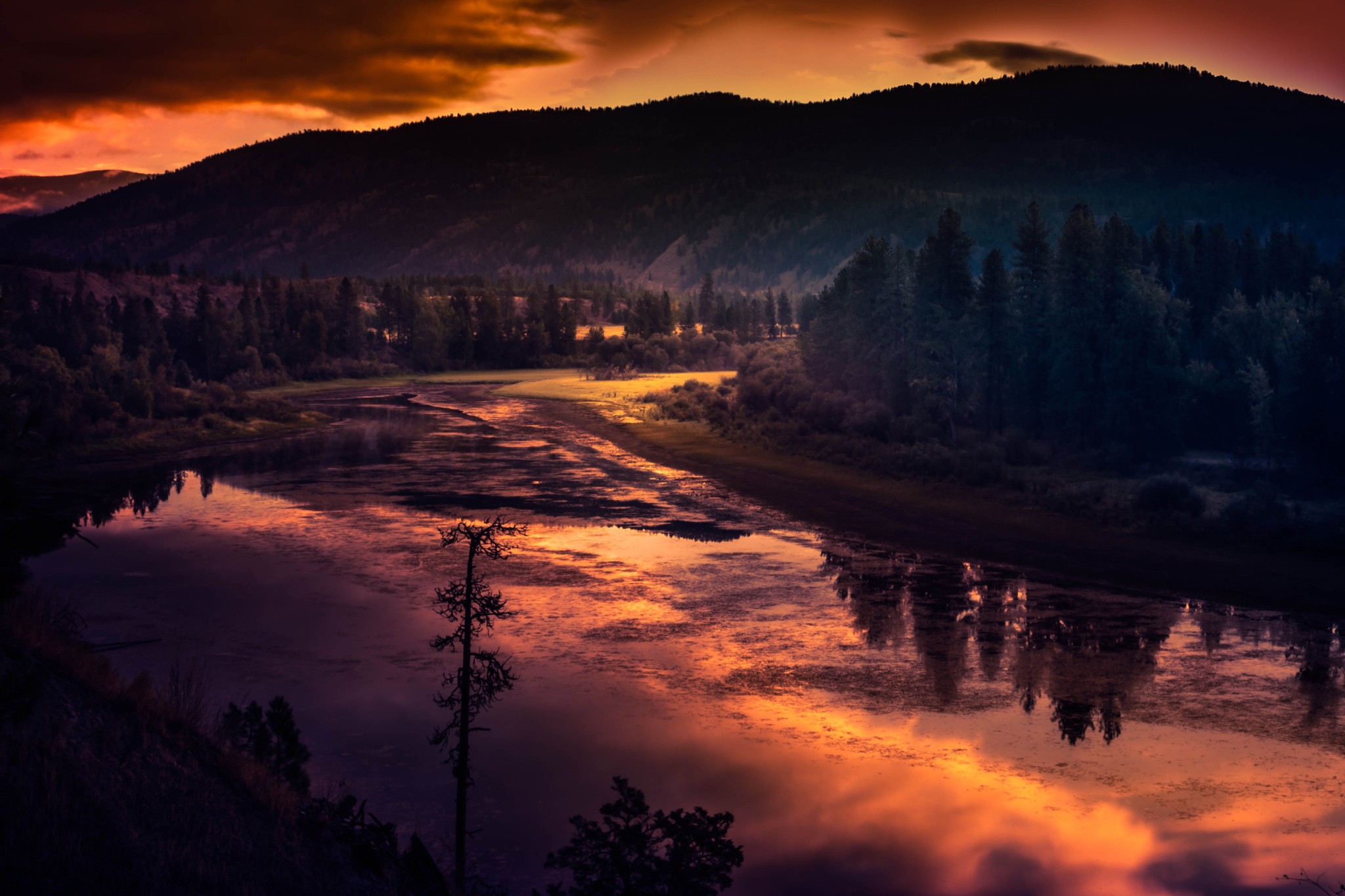 photography, Nature, Landscape, Trees, Forest, River, Mountains, Spruce, Reflection, Clouds, HDR Wallpaper