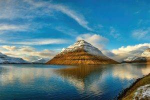 Faroe Islands, Nature, Sky, Clouds, Water, Snow, Reflection