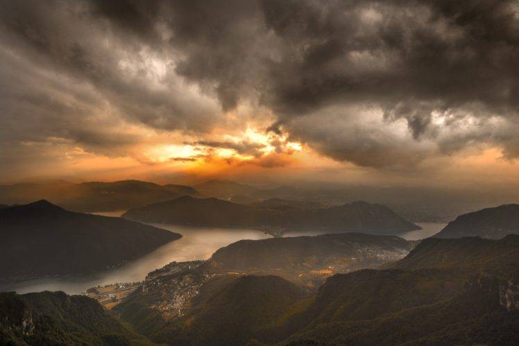 nature, Landscape, Mountains, Clouds, Sunset, Mist, Far view, Photography HD Wallpaper Desktop Background