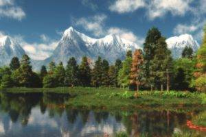 nature, Landscape, Trees, Forest, Mountains, Lake, Reflection, Clouds, 3D