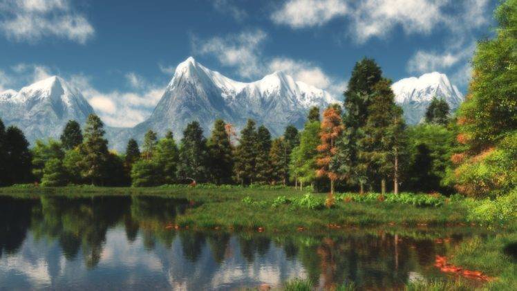 nature, Landscape, Trees, Forest, Mountains, Lake, Reflection, Clouds, 3D HD Wallpaper Desktop Background