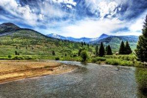 nature, Landscape, Trees, Mountains, HDR, Clouds, River
