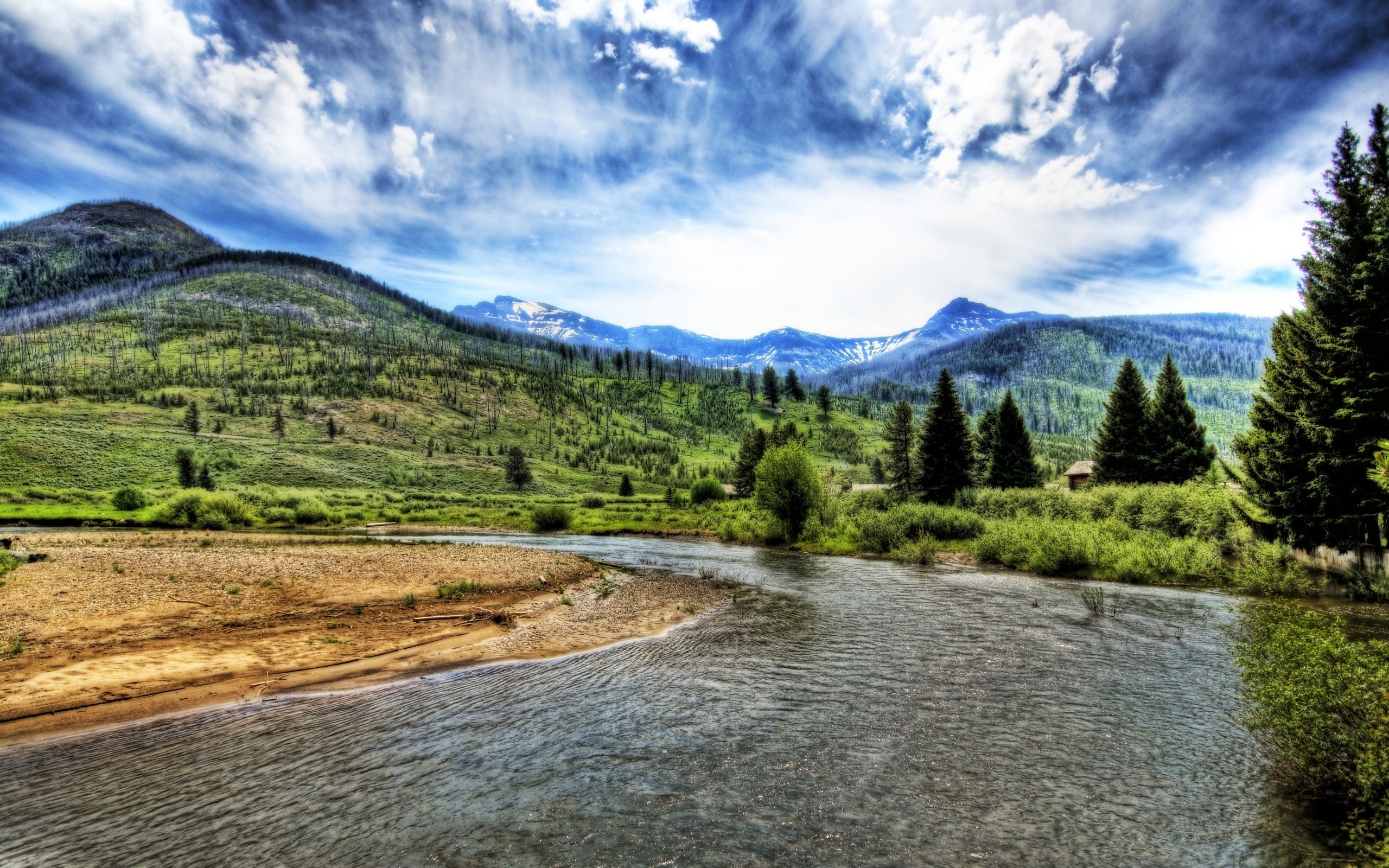 nature, Landscape, Trees, Mountains, HDR, Clouds, River Wallpaper