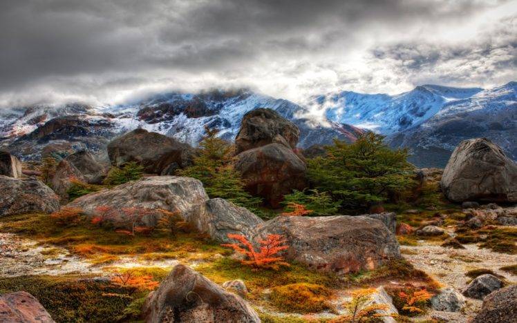 nature, Landscape, Trees, Mountains, HDR, Clouds, Stones, Rocks HD Wallpaper Desktop Background