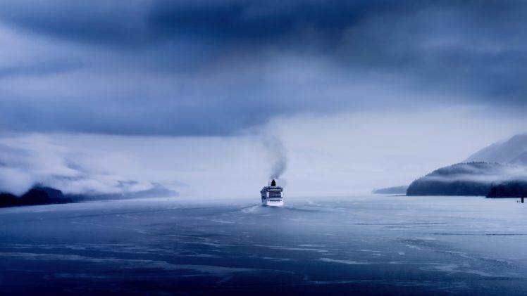 ship, Sea, Maersk, Snow, Mist, Clouds, Mountains, Waves, Smoke HD Wallpaper Desktop Background