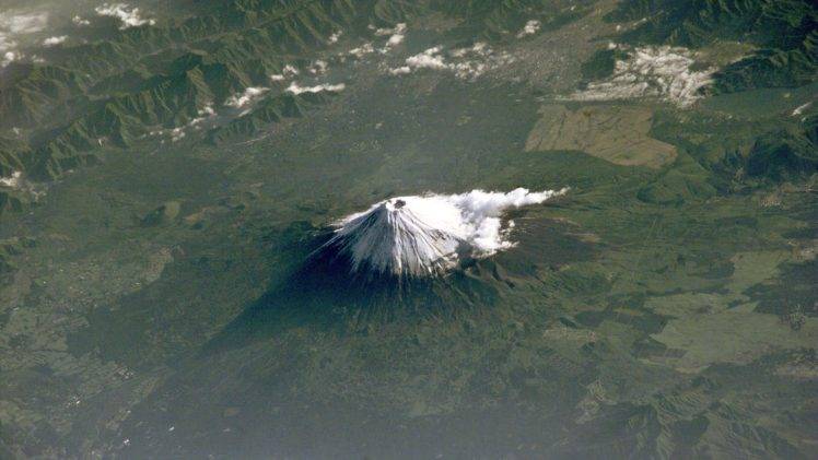 nature, Landscape, Aerial view, Mount Fuji, Japan, Mountains, Volcano, Snowy peak, Clouds, Shadow HD Wallpaper Desktop Background