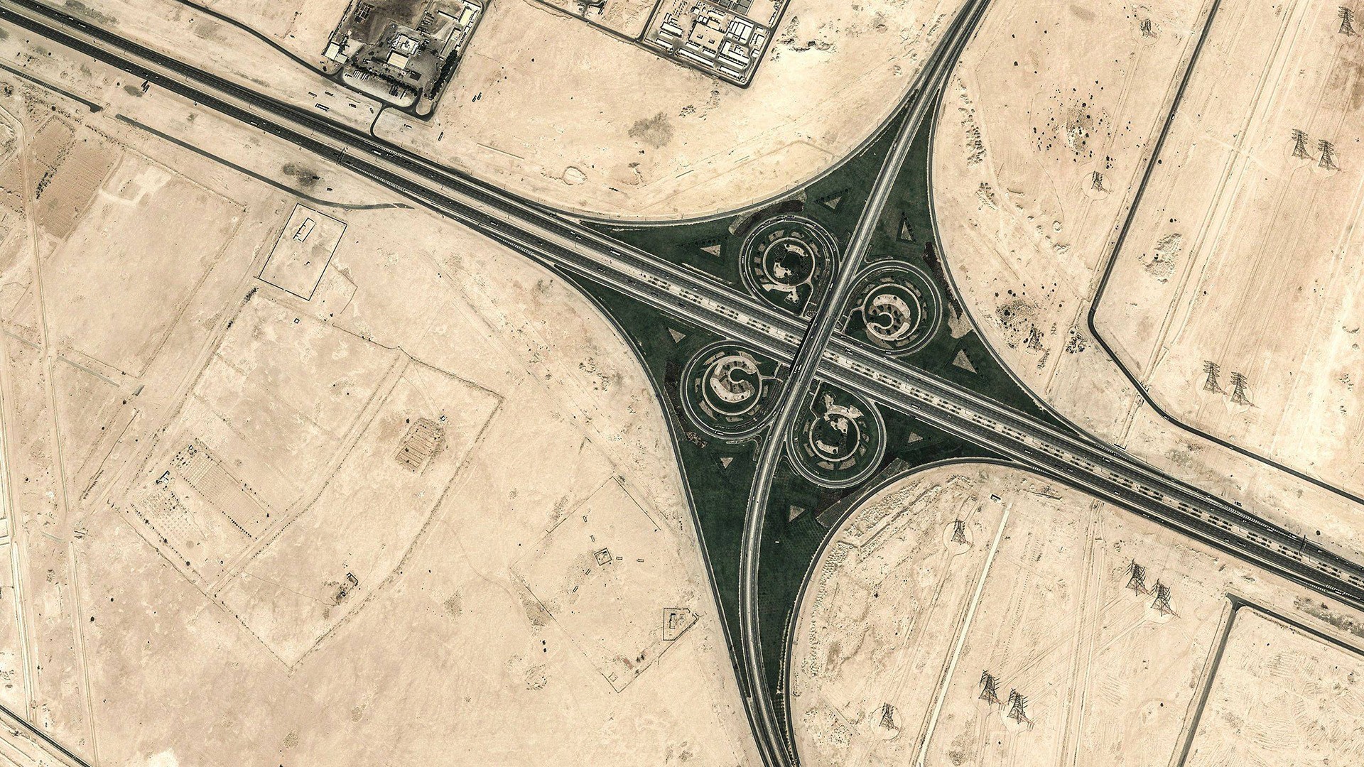 nature, Landscape, Aerial view, Crossroads, Road, Highway, Freeway, Desert, Traffic, Geometry Wallpaper