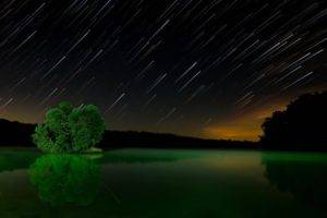 nature, Landscape, Long exposure, Stars, Light trails, Water, Lake, Trees, Sunset, Evening, Forest, Reflection, Silhouette