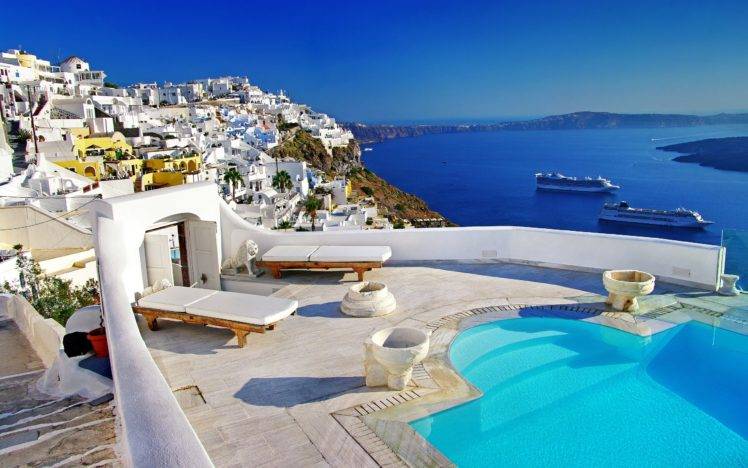 house, Cruise ship, River, Greece, Mykonos island, Santorini HD Wallpaper Desktop Background