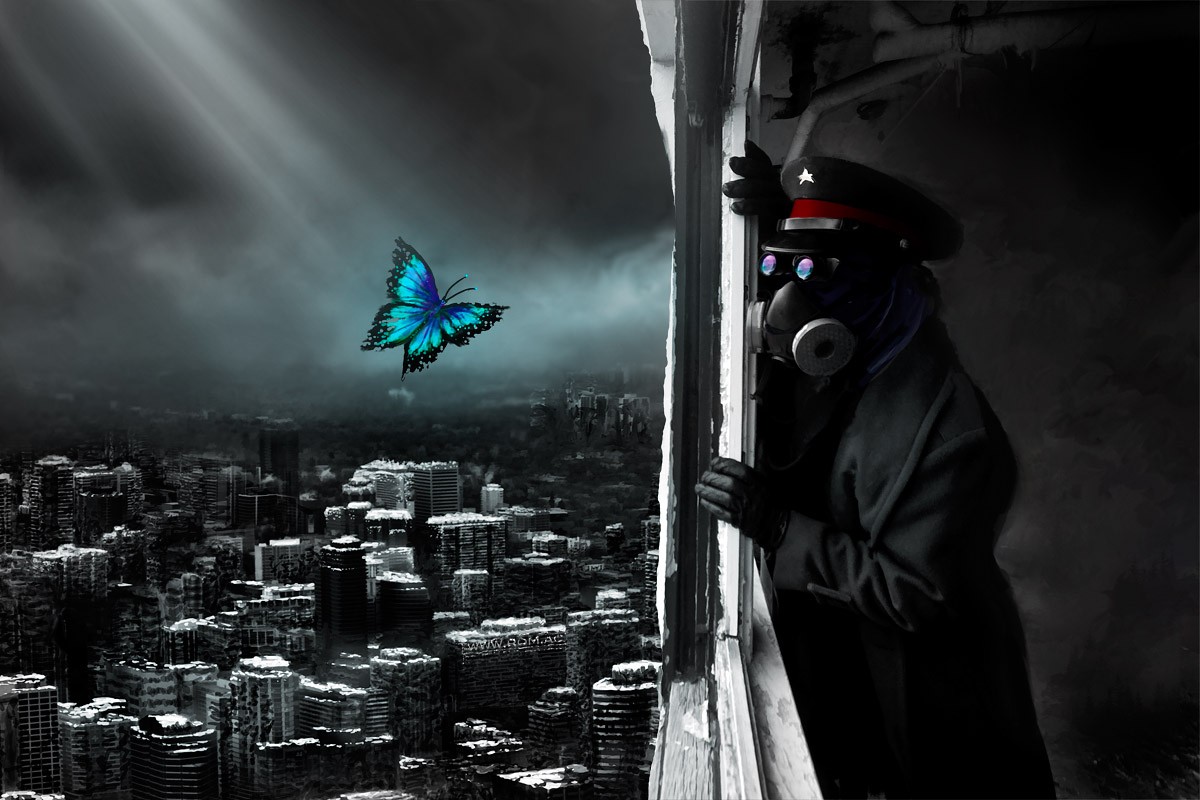abstract, Science fiction, Buildings, Butterfly, Clouds, Sun rays, Romantically Apocalyptic Wallpaper