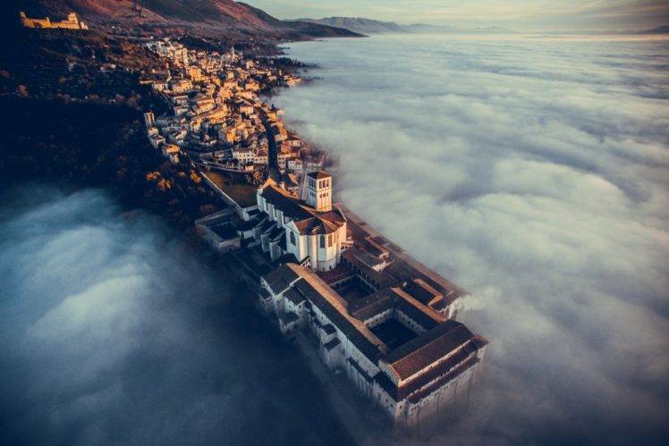 Francisco Cattuto, Drone, Clouds, Aerial view, Contests, Photography, Mist, Old building, Church, Town, Rooftops, Hills, Italy, Basilica of Saint Francis of Assisi HD Wallpaper Desktop Background