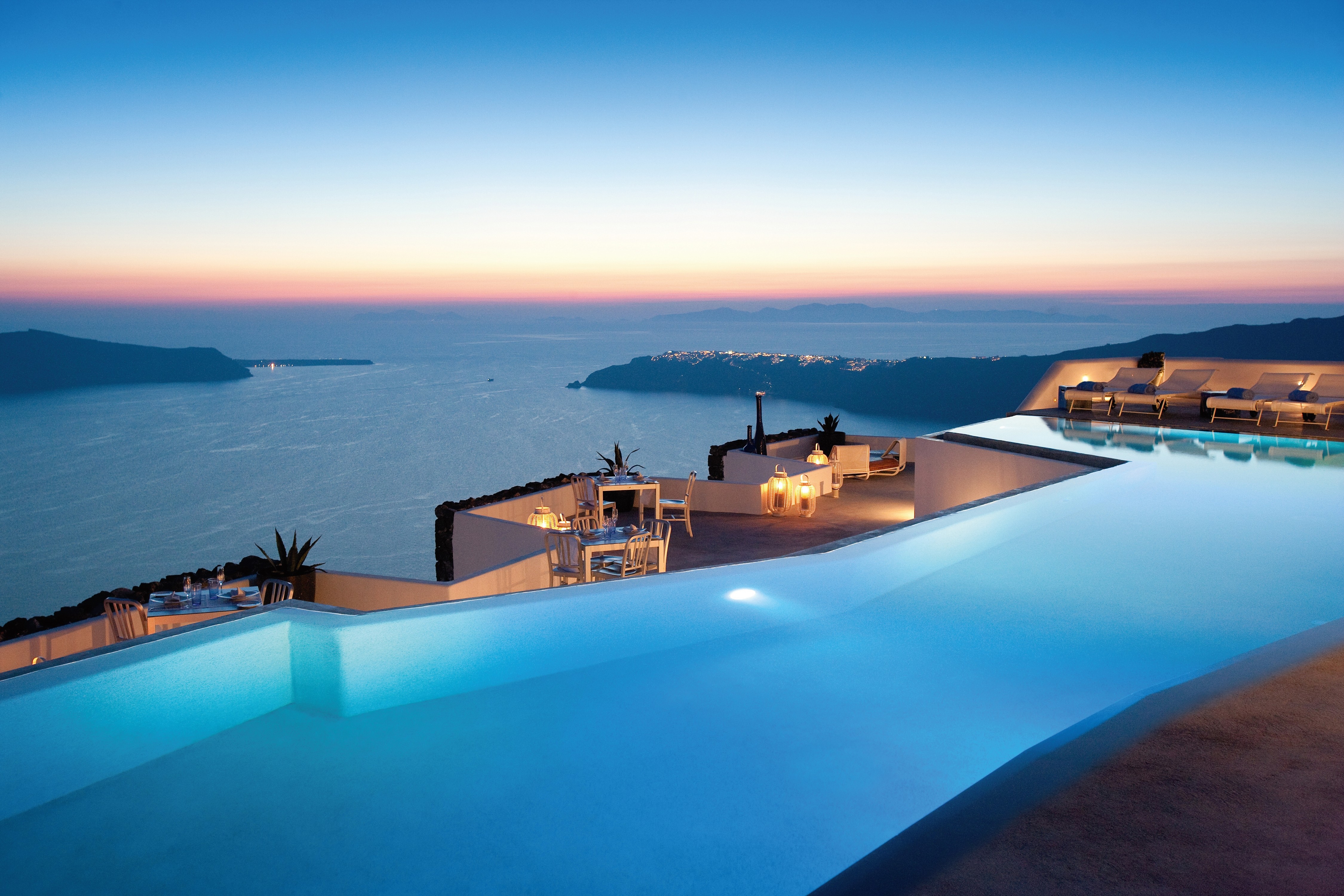 swimming pool, Santorini, Greece, Island, Sea, Hotel, Landscape, Sunset, Evening, Lights, Clear sky, Restaurant, Horizon Wallpaper