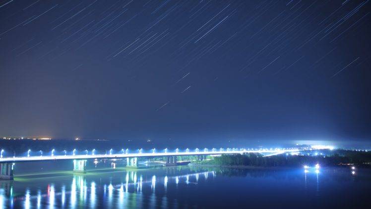 city, Bridge, Night, Stars, Lights, Reflection, River, Urban, Traffic, Sky HD Wallpaper Desktop Background