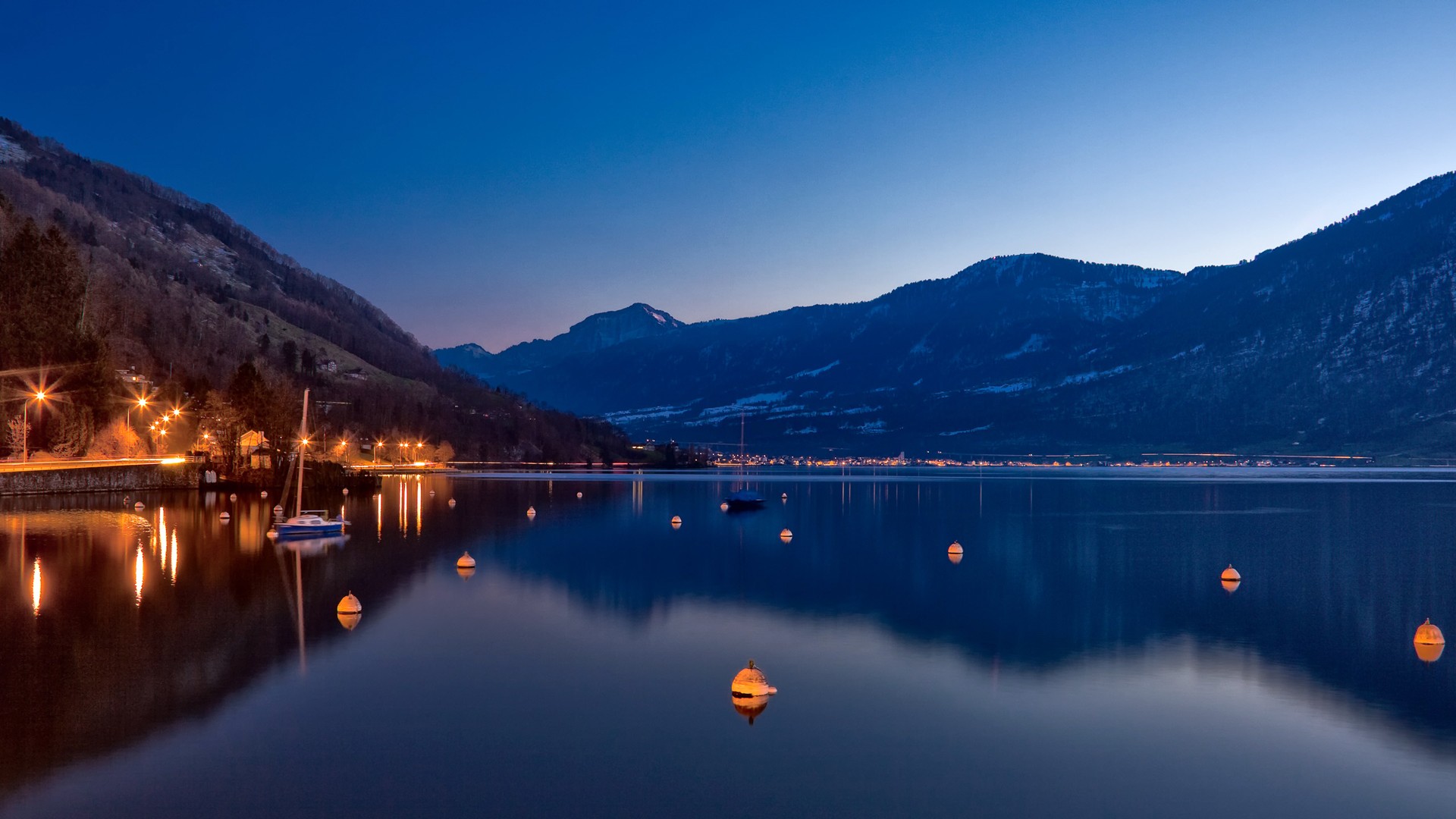 mountains, Lake zug (switzerland), Lake, Switzerland, Night, Boat, Nature Wallpaper