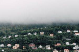 clouds, Mist, Landscape, Hills, House