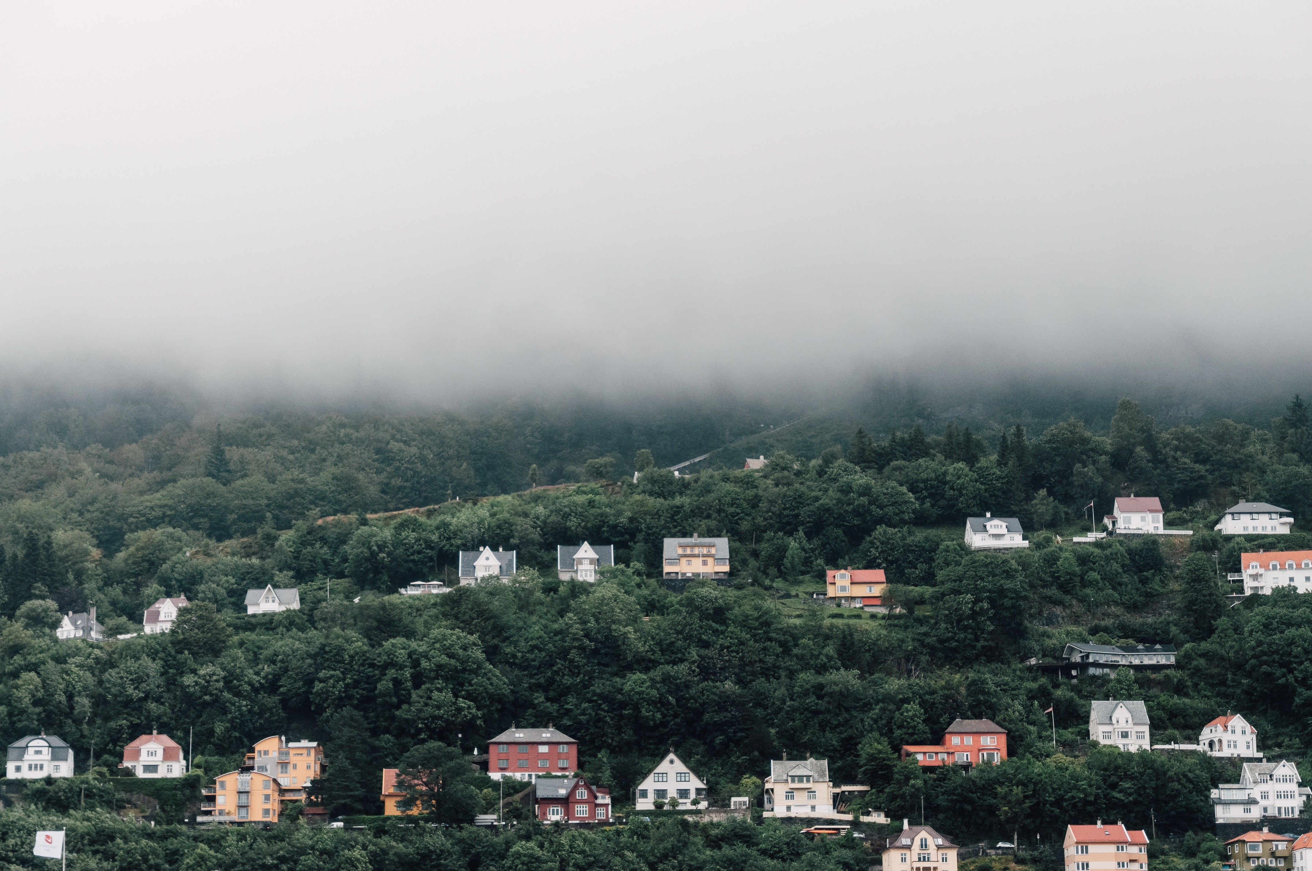clouds, Mist, Landscape, Hills, House Wallpaper