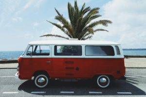 vw bus, Red, France, Beach, Concarneau, White, Palm trees