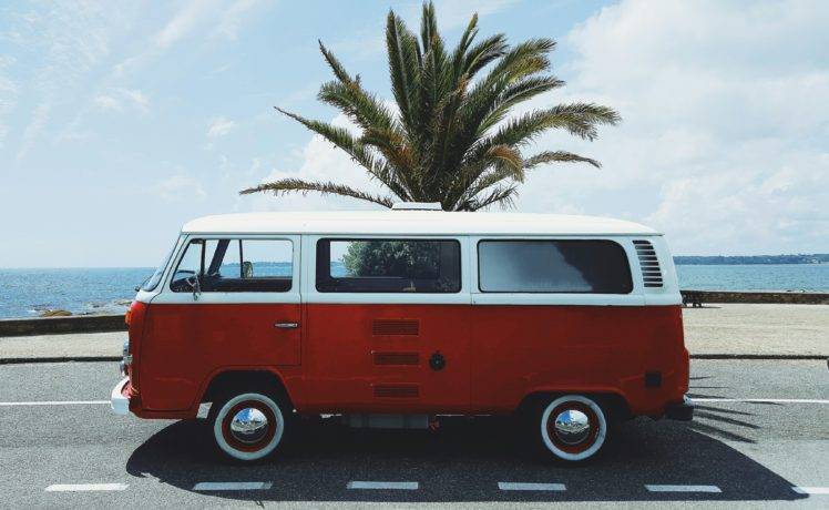 vw bus, Red, France, Beach, Concarneau, White, Palm trees HD Wallpaper Desktop Background