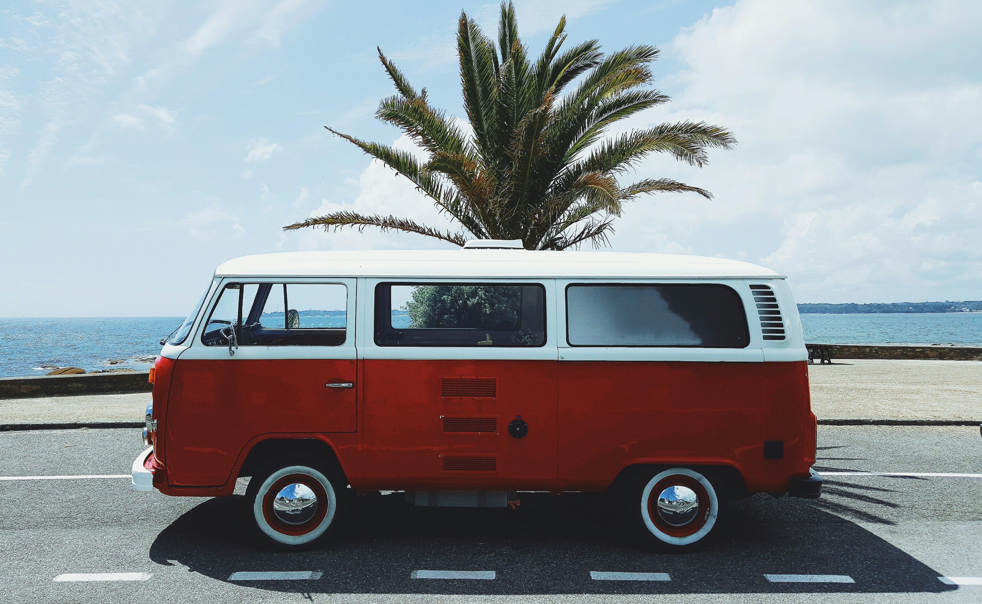 vw bus, Red, France, Beach, Concarneau, White, Palm trees Wallpaper