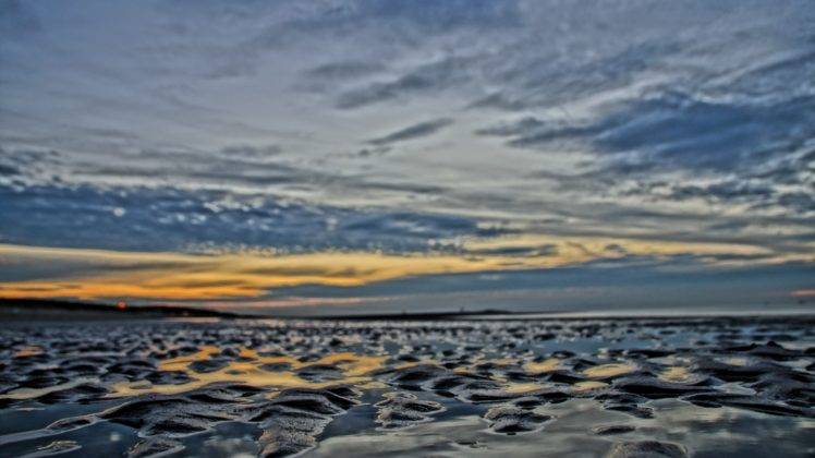 Netherlands, Beach, Depth of field, HDR, Sunset, Clouds HD Wallpaper Desktop Background