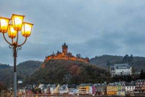 architecture, Cityscape, Building, Old building, Castle, Clouds, Cochem, Germany, Lights, Hills, House, Street light, Lamp