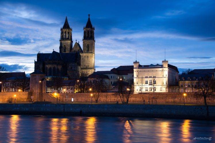 architecture, Cityscape, Building, Old building, Castle, Clouds, Lights, Magdeburg, Germany, Cathedral, Evening, River, Reflection HD Wallpaper Desktop Background