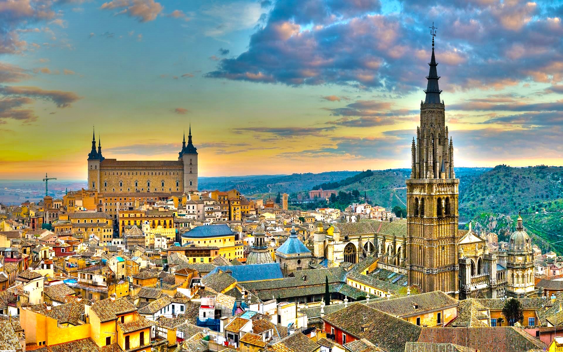 architecture, Cityscape, Building, Old building, Castle, Clouds, Trees, Toledo, Spain, Tower, Hills, Church, HDR, Rooftops, Sunset Wallpaper