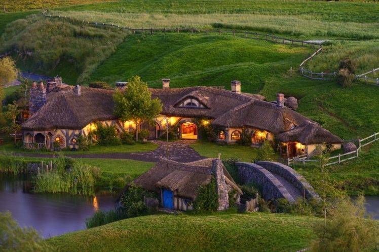 nature, Landscape, Trees, House, Field, New Zealand, Hobbiton, The Lord of the Rings, Lights, Grass, Bridge, River, Fence, Fairy tale HD Wallpaper Desktop Background