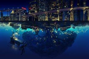 night, Sea, Buildings, City, Reflection, Lights, Blue