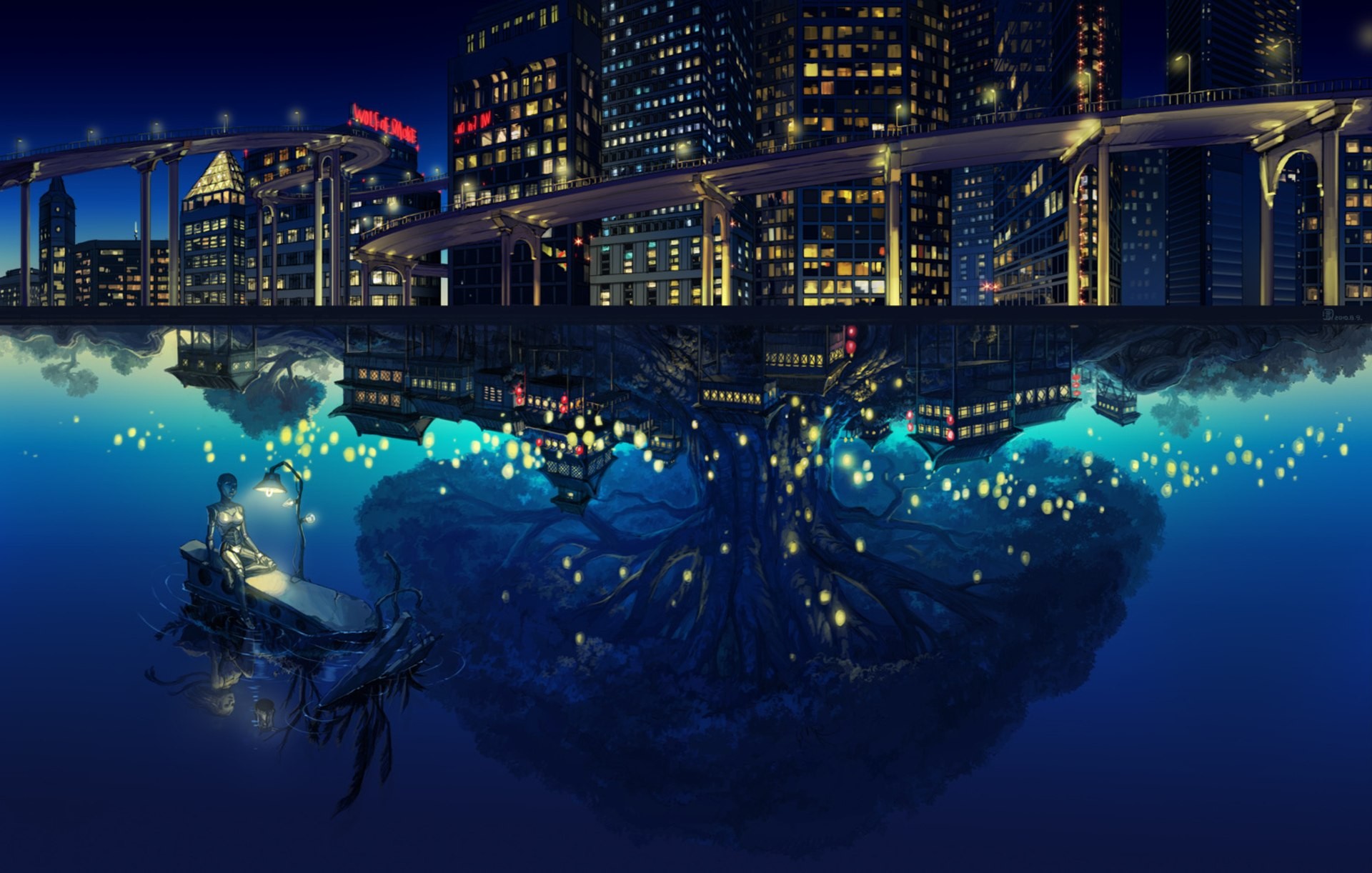 night, Sea, Buildings, City, Reflection, Lights, Blue Wallpaper