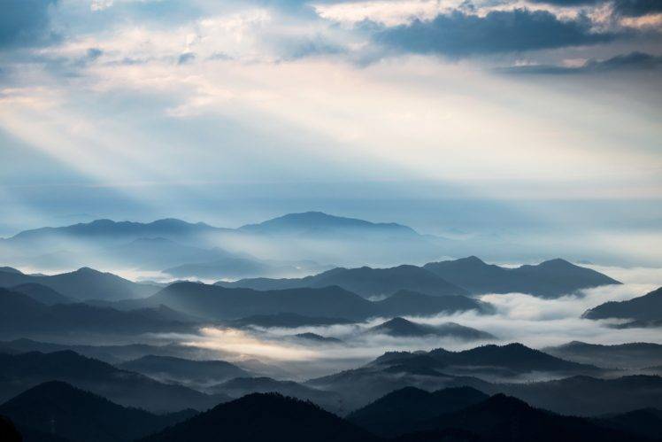 photography, Mountains, Sun rays, Clouds, Hills, Mist, Far view, Landscape, Nature HD Wallpaper Desktop Background