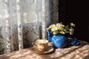 curtain, Flowers, Cup