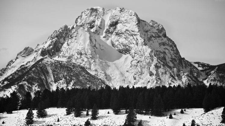 monochrome, Nature, Mountains, Wyoming, USA, Grand Teton National Park, Mount moran HD Wallpaper Desktop Background