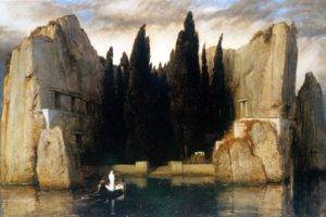 fantasy art, Nature, Painting, Arnold Böcklin, Island, Rock, Cliff, Boat, Trees, Sea, Clouds, Classic art