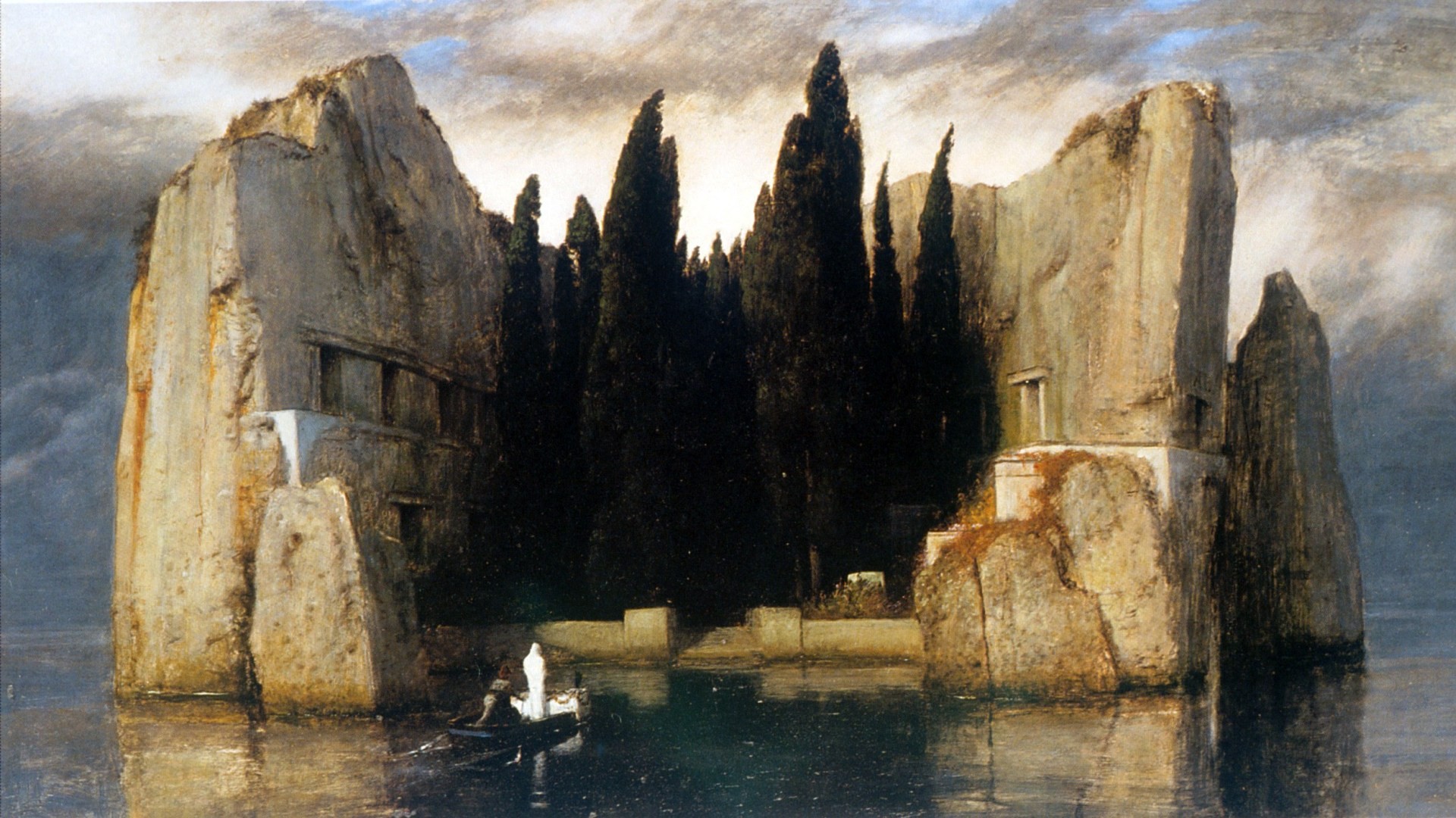fantasy art, Nature, Painting, Arnold Böcklin, Island, Rock, Cliff, Boat, Trees, Sea, Clouds, Classic art Wallpaper