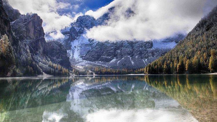 nature, Landscape, Photography, Lake, Mountains, Forest, Clouds, Reflection, Fall, Snow, Alps, Italy HD Wallpaper Desktop Background