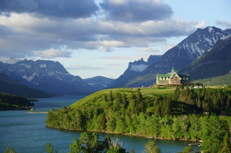 nature, Landscape, Photography, Mountains, Lake, Hotel, Grass, Trees, Canada HD Wallpaper Desktop Background