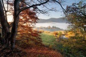 nature, Landscape, Photography, Morning, Fall, Sunlight, Trees, Fence, Mist, Mountains