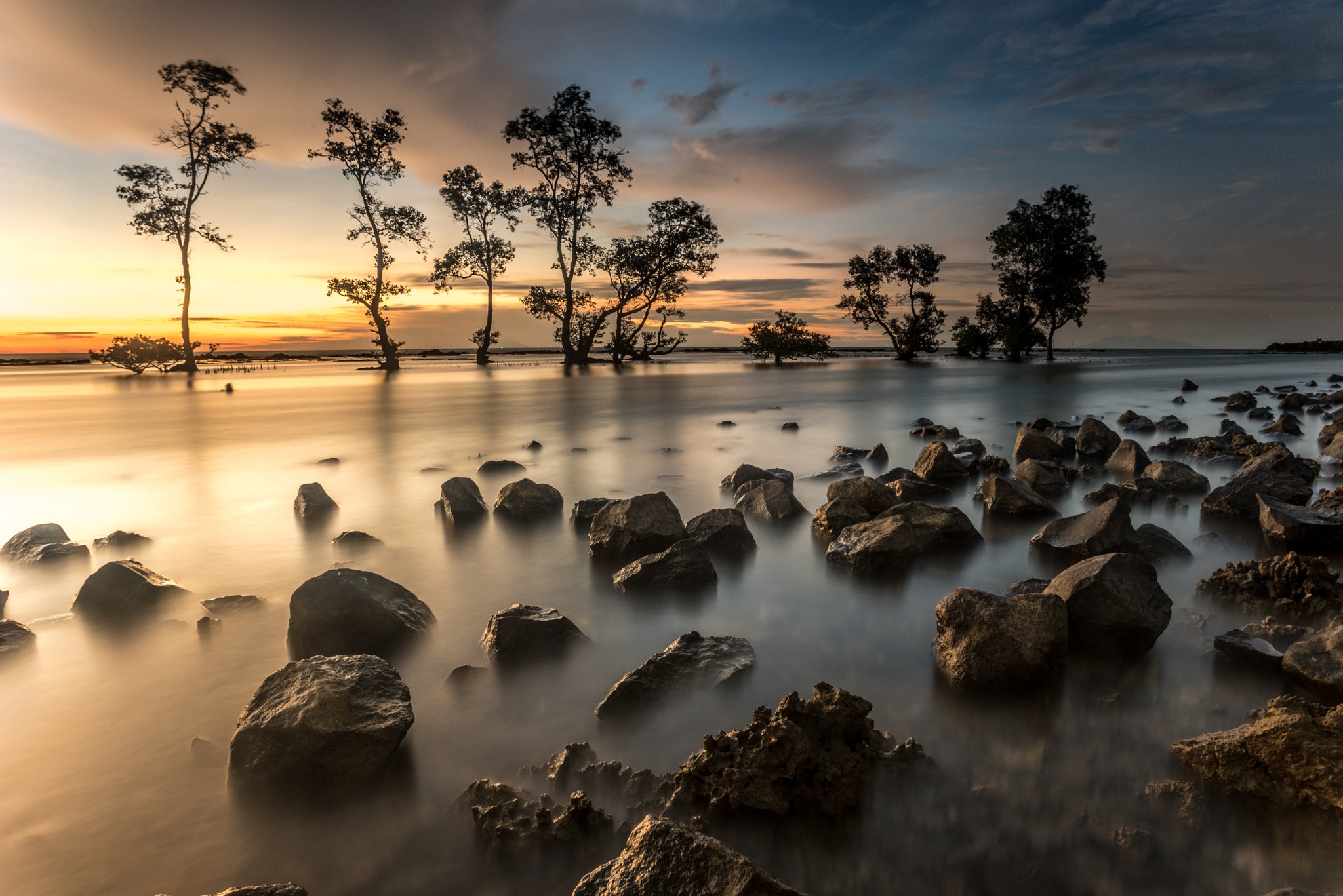 photography, Trees, Rocks, Sky, Water Wallpaper